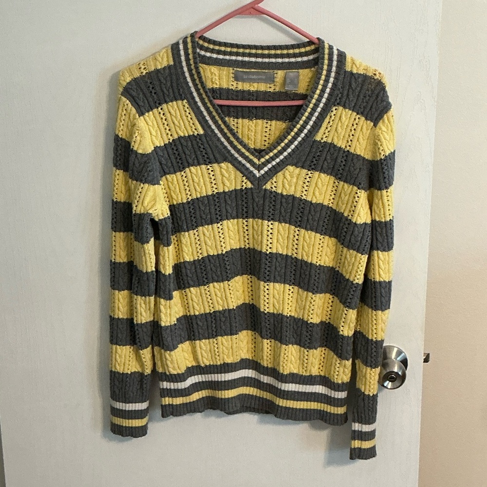 Vintage Liz Claiborne Women’s Yellow/Grey Striped Cable Swearer Size XL